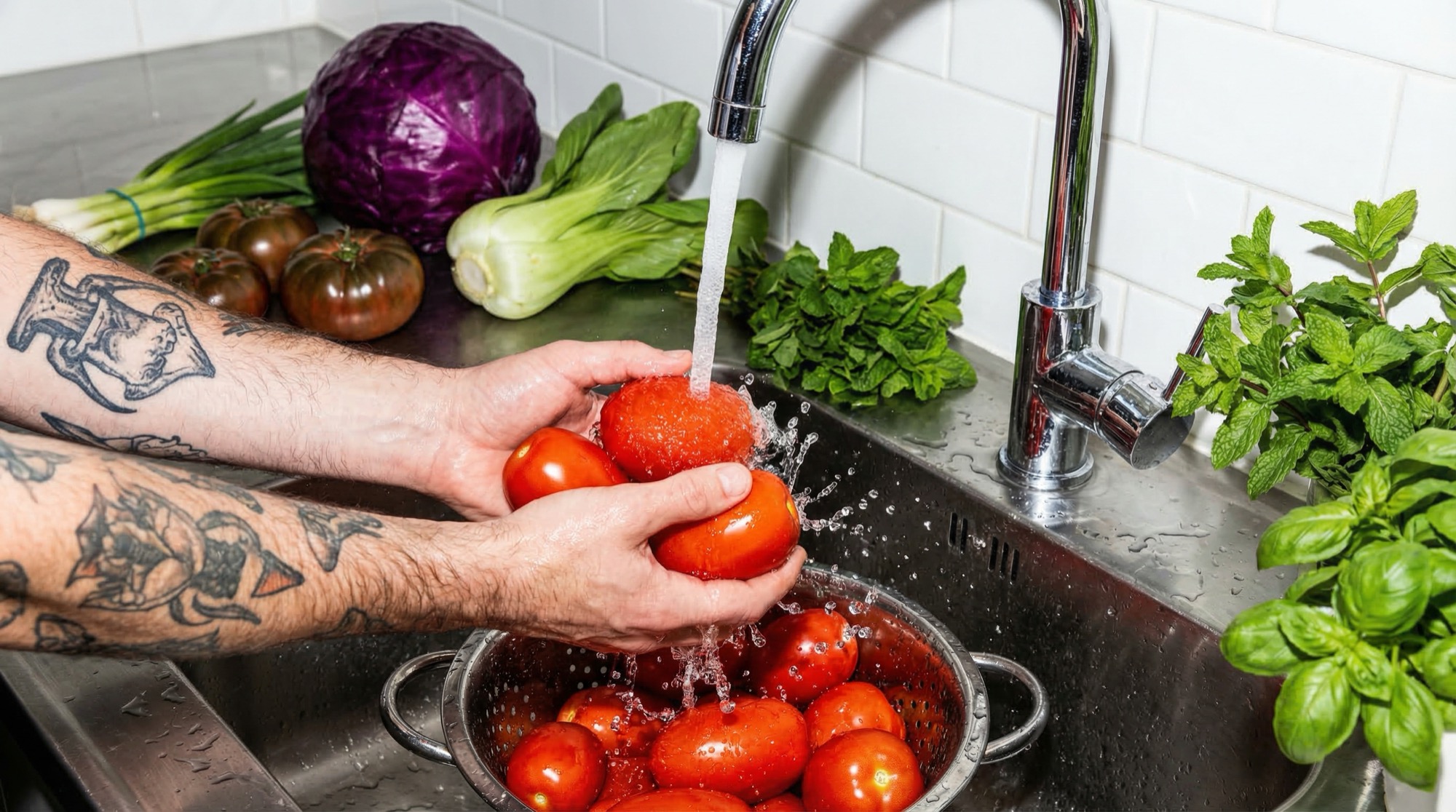 A chef rinsing fresh tomatoes while preparing food for a group